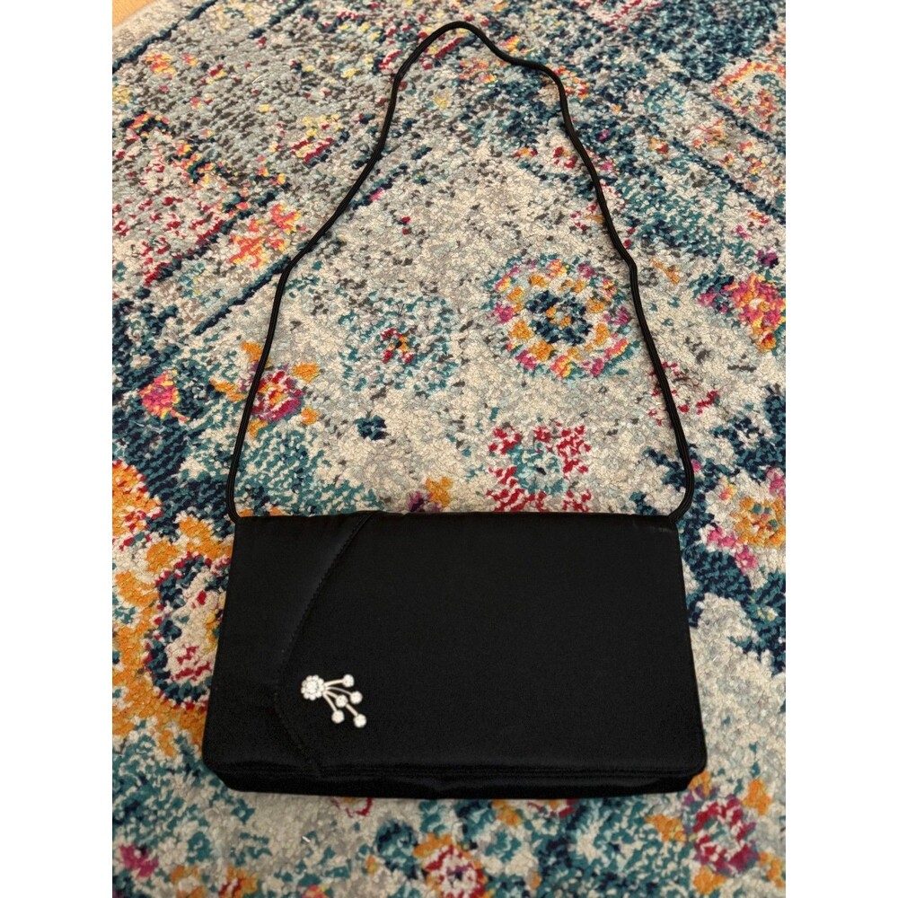 Vintage Black Satin Evening Shoulder Bag with Rhinestone Floral Detail